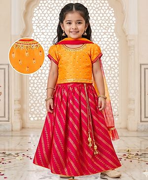Babyhug Brocade Woven Half Puffed Sleeves Choli Lehenga Set with Dupatta & Motif Embroidery - Red & Yellow