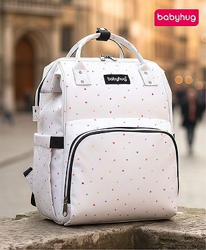 Babyhug Multipurpose Spacious Diaper Backpack Star Print - White| Adjustable Shoulder Strap|Insulated Bottle Pouch|Smart Back Zipper| Wipes Dispenser|Fishmouth Opening|Stylish Design|Attach to Trolley