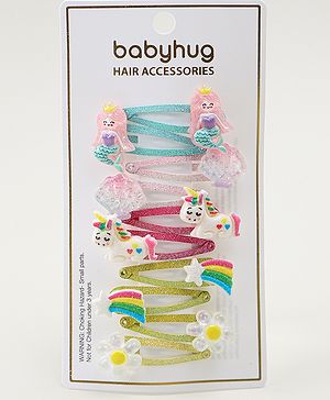 Babyhug Snap Clips with Marmaid  Unicorn & Rainbow Applique Pack of 10  -  Blue Pink & Green