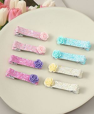 Babyhug Hair Clips with Floral Applique Free Size Pack Of 8 - Multicolor