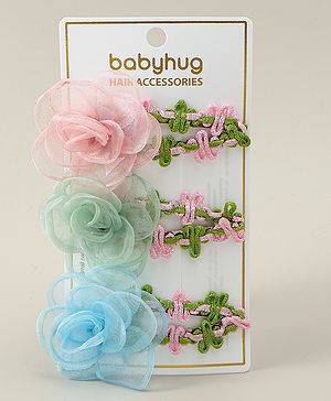 Babyhug Snap Clips with Floral Applique Pack of 3 - Pink Green & Blue