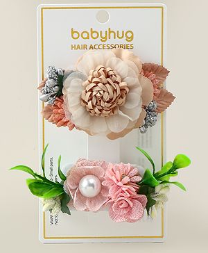 Babyhug Alligator Clips with Floral Applique -  Beige & Pink