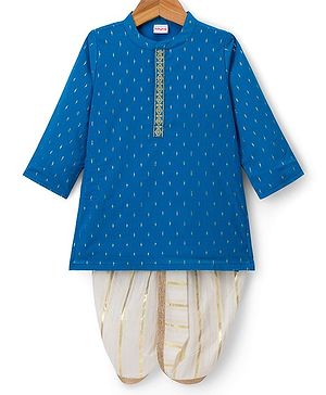 Babyhug Lurex Dobby Woven Full Sleeves Kurta Dhoti Set with Foil Print - Blue