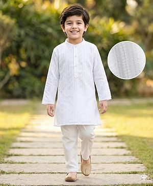 Babyhug Georgette Woven Full Sleeves Kurta Pyjama Set with Self Embroidery - White