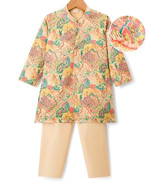 Babyhug Woven Full Sleeves Kurta Pajama Set With Floral Print & Embroidery- Multicolour