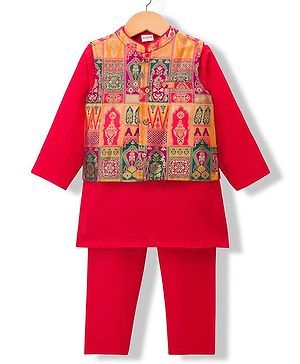 Babyhug Cambric Woven Full Sleeves Kurta Pajama Set with Embroidered Jacket - Red