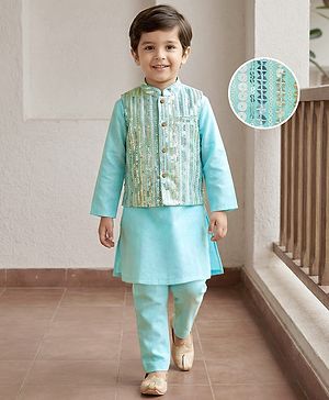 Babyhug Cambric Woven Full Sleeves Kurta Pajama & Jacket Set With Sequin Detailing - Aqua