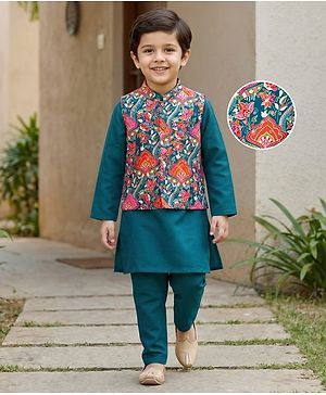 Babyhug Cambric Woven Full Sleeves Kurta Pajama & Jacket Set With Floral Print - Teal Blue