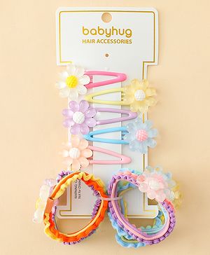 Babyhug Hair Rubber Bands & Clips with Floral Applique Combo Set  10 Pieces  - Multicolor