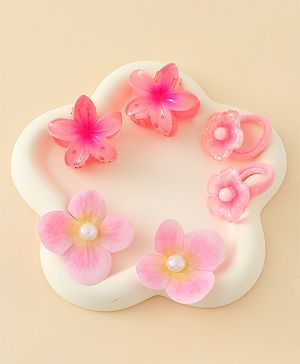 Babyhug  Hair Rubber Bands  & Clips With Floral Applique  6 Pieces - Pink