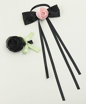 Pine Kids Hair Clip & Rubber Band Set With Floral Applique - Pink & Black