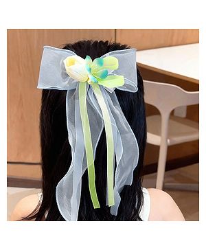 Pine Kids Bow & Butterfly Clip With Floral Applique  - Blue