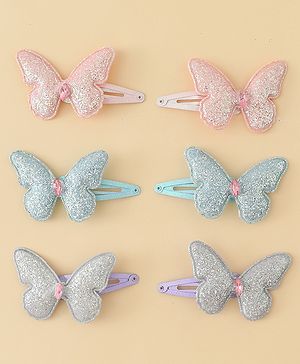 Pine Kids Free Size Snap Clips with Butterfly Applique Pack Of 6 - Light Blue Pink & Purple