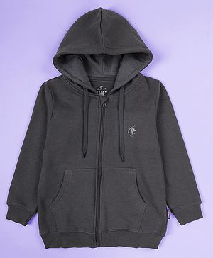 Kiddopanti Fleece Knit Full Sleeves Brand Logo Printed Light Winter Hooded Sweatshirt - Steel Grey