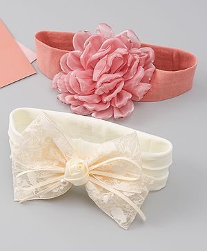 Babyhug Bow Applique Headbands Pack of 2 - Cream & Pink