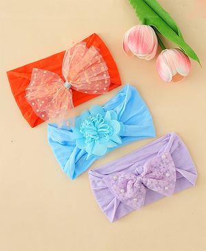 Babyhug Headbands  With Bow & Floral Applique Pack of 3-Red Light Blue & Plum