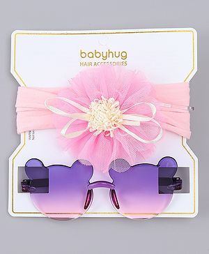 Babyhug Headband with Floral Applique  & Sunglasses Combo Set- Pink & Purple