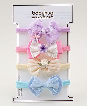 Babyhug Headbands with Bow Applique Pack of 4 - Purple Blue & Pink