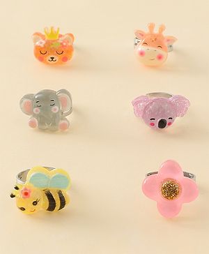 Babyhug Finger Ring Set with Floral & Animal Applique Pack of 6- Multi Colour
