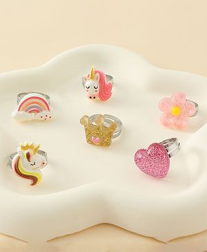 Babyhug Finger Ring Set With Floral Rainbow & Unicorn Applique Pack of  6- Multi Colour