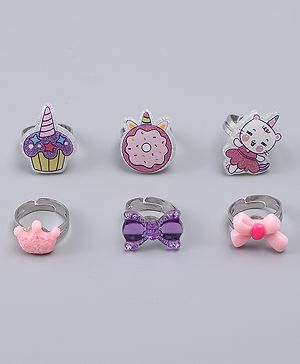 Babyhug Finger Ring Set With Cupcake Bow & Cat Applique Detailed Pack of  6- Multi Colour
