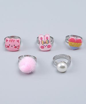 Babyhug Finger Ring Set With Cat Bunny & Pearl Applique Pack of  5- Multi Colour