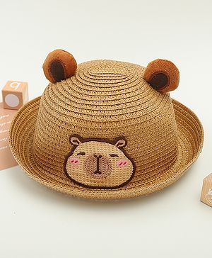 Babyhug Straw Hat With Teddy Bear Patch & Ear Applique Brown - Diameter 16 cm