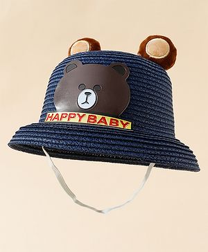 Babyhug Straw Hat With Teddy Bear Patch & Ear Applique Navy Blue - Diameter 17 cm