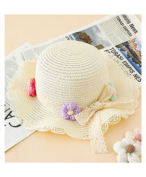 Babyhug Straw Hat With Floral Applique Cream - Diameter 16 cm