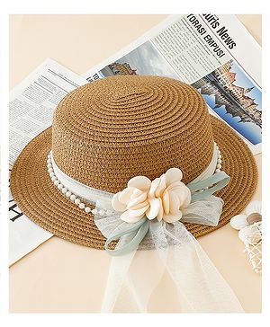 Babyhug Straw Hat With Floral Applique Brown - Diameter 17 cm