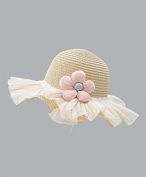 Babyhug Straw Hat With Floral Applique Beige - Diameter 16 cm
