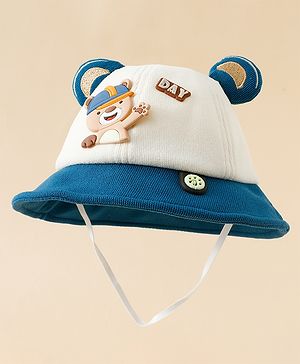Babyhug Bucket Hat with Bear & Ear Applique Blue - Diameter 16 cm