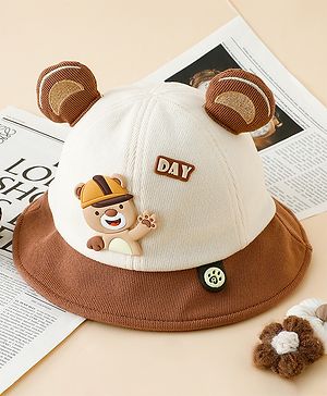 Babyhug Bucket Hat with Bear & Ear Applique Brown - Diameter 16 cm