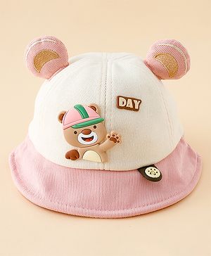 Babyhug 100% Cotton Bucket Hat with Bear & Ear Applique Pink - Diameter 16 cm