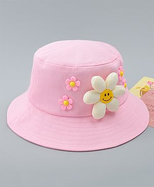 Babyhug Cotton Bucket Hat With Floral Applique Pink - Diameter 17 cm