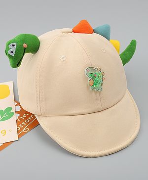 Babyhug Cotton Baseball Cap With Dino Applique Beige - Diameter 17 cm