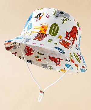 Babyhug Bucket Hat with Jungle Theme Print White - Diameter 17 cm