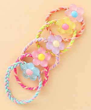 Pine Kids Hair Rubber Bands with Floral Applique Pack Of 5 - Yellow Pink & Blue