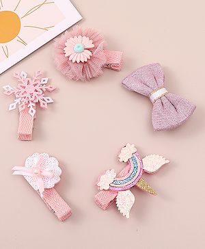 Babyhug Bow & Butterfly Clips With Floral Apptique Free Size Pack of 5 - Multicolor