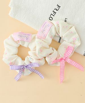 Pine Kids Rubber Bands & Scrunchies Sets With Floral Print & Bow Applique - Pink & Purple