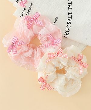 Pine Kids Rubber Bands & Scrunchies Sets With Bow Applique - White & Pink