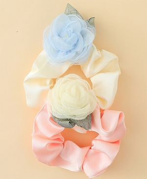 Pine Kids Rubber Bands & Scrunchies Sets With Floral Applique - Pink and Cream