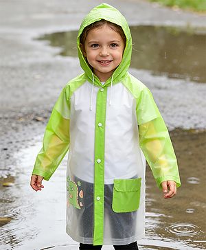 Babyhug Full Sleeves Raincoat With Dino Print - Green