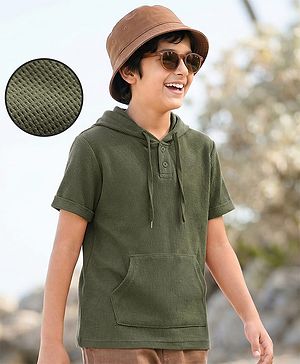 Pine Kids Cotton Knit Half Sleeves Hooded Solid Coloured T-Shirt With Kangaroo Pockets - Olive Green