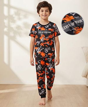 Pine Kids Single Jersey Knit Half Sleeves Co-ords Night Suit With Text Print - Black