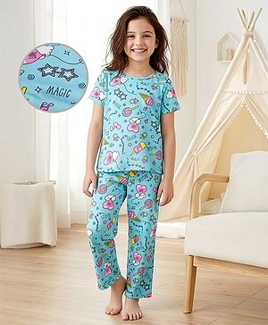 Pine Kids Single Jersey Knit Half Sleeves Co-ords Night Suit With Heart Print - Light Blue