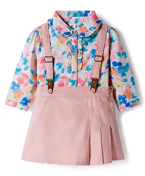 ToffyHouse Cotton Knit Full Sleeves
                              Party Top & Skirt Set With Floral
                              Print & Suspender - Pink