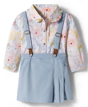 ToffyHouse Cotton Knit Full Sleeves
                              Floral Printed Top & Skirt Set with
                              Suspender - Light Blue