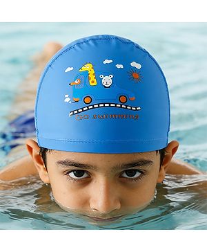 Babyhug Swimming Cap With Car & Animal Print - Blue