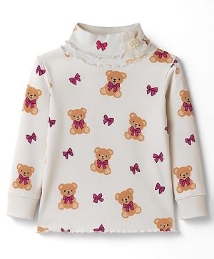 Babyhug Knitted Full Sleeves Turtle Neck Winter T-Shirt With Teddy Bear Print - Beige